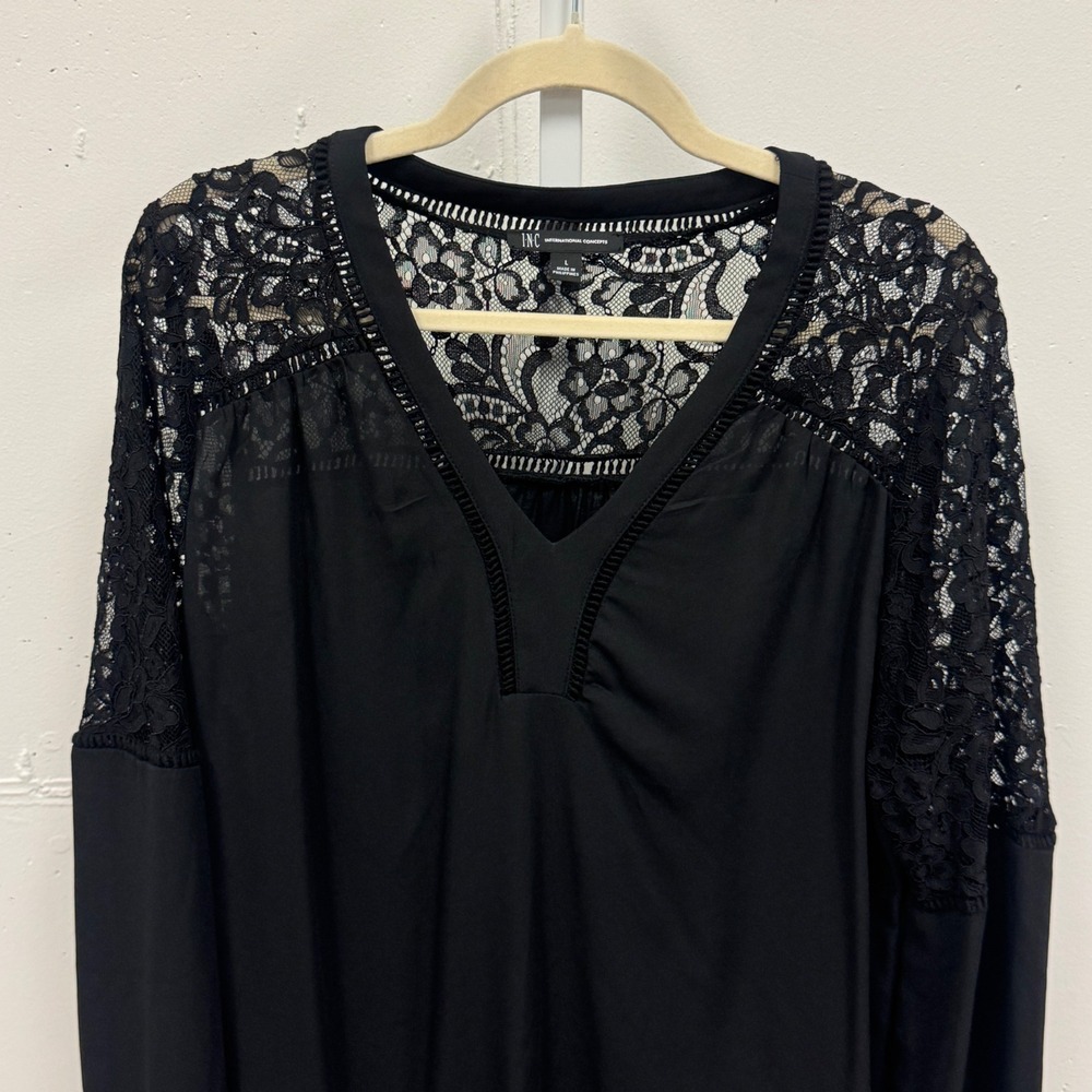 INC International Concepts Black Lace V-Neck Long Sleeve Blouse Large Chic Party